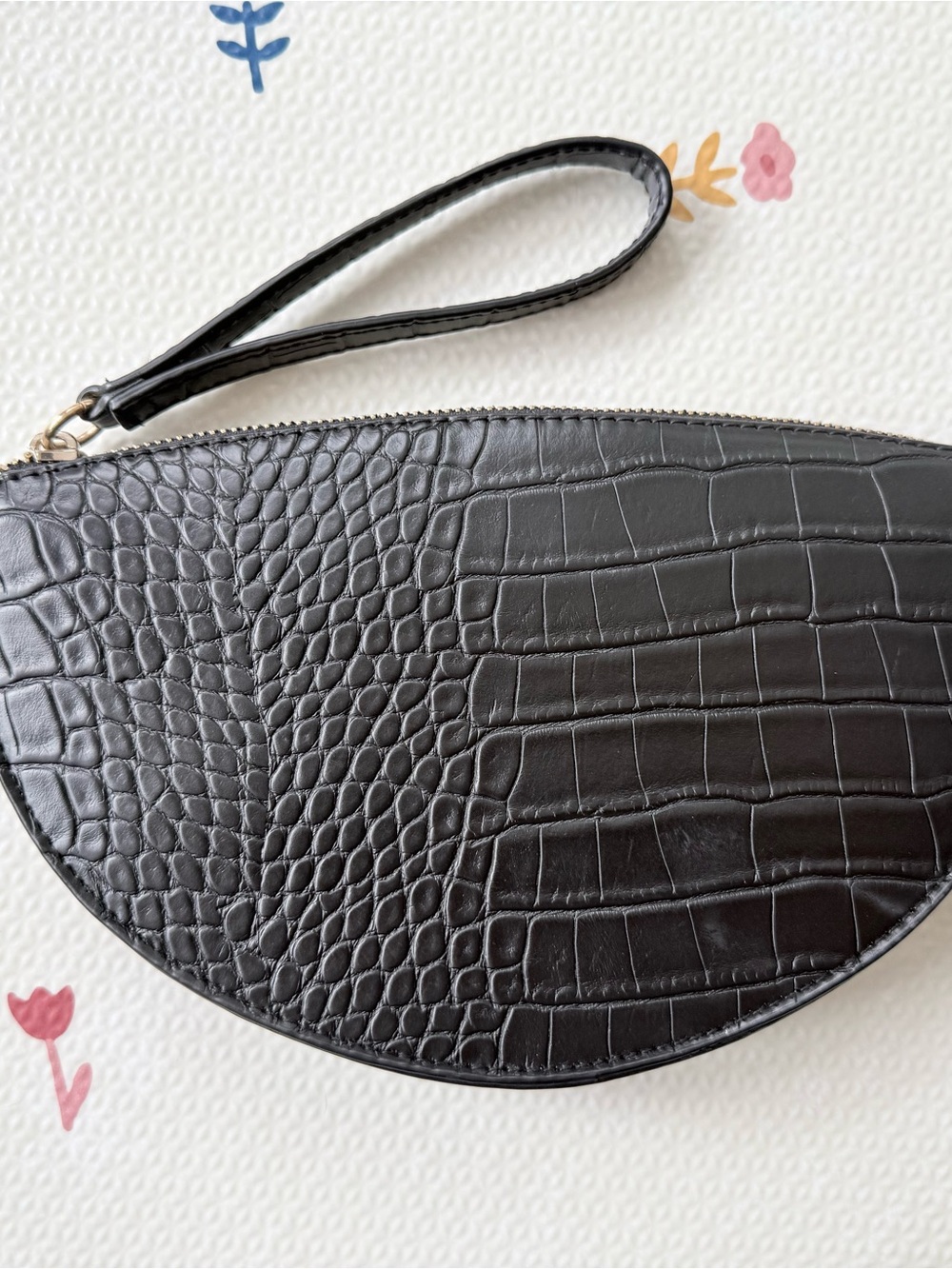 Black Croc-Embossed Wristlet Clutch